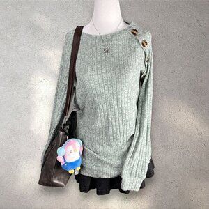 Ribbed Knit Sweater Women’s S Green Sage Button Shoulder Soft Cozy Minimalist